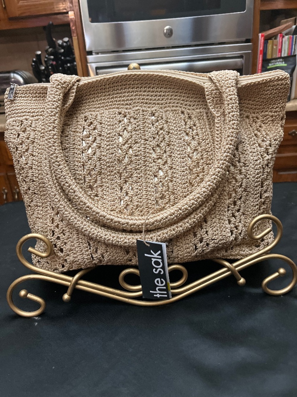 NWT Sak Brand Crocheted Tan Bag.  Metallic Underlining.